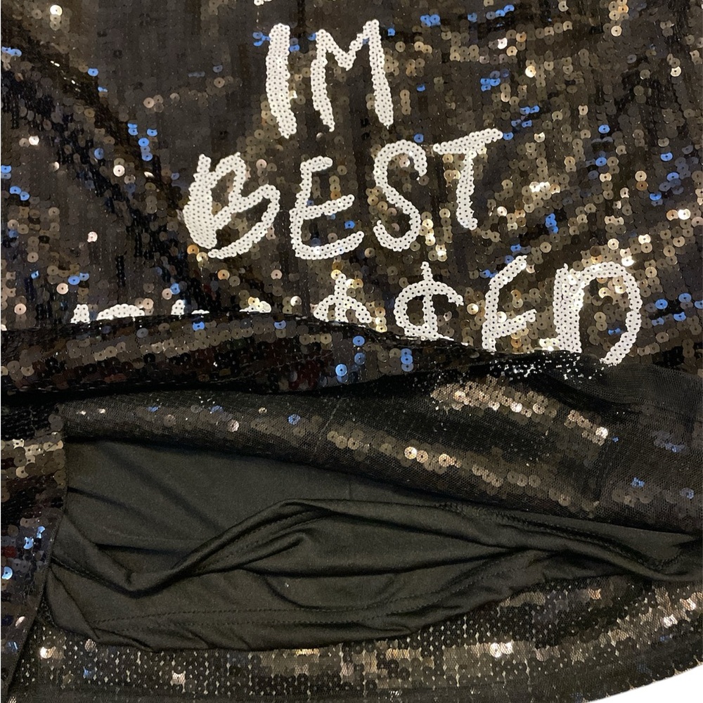 Steve Madden LATE BUT IM BEST DRE$$ED Black Sequins Silver‎ Mini Dress SZ L - Picture 4 of 6